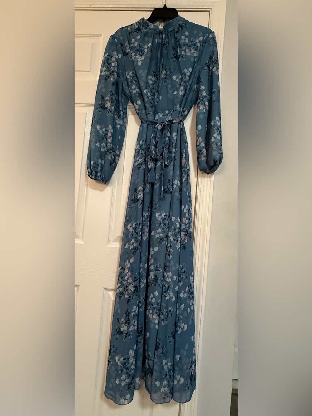 Blue Floral Long Sleeve Maxi Dress with Tie Waist